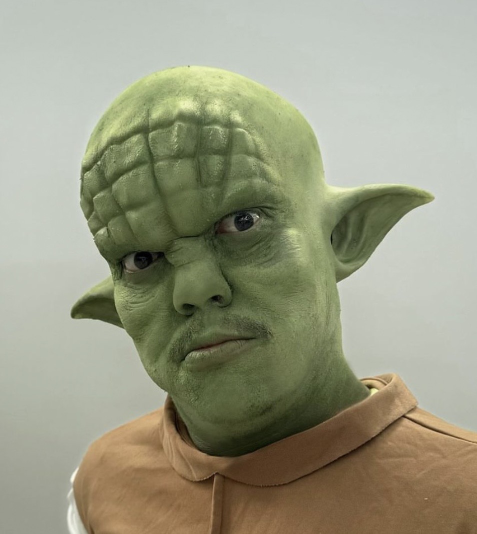 Yoda character prosthetics applied and painted